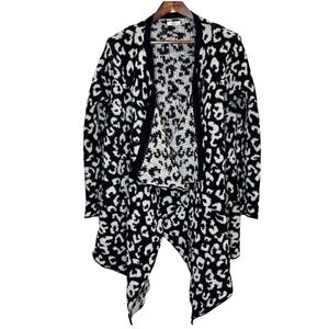 UGG Womens L Waterfall Open Front Cardigan Sweater Black White Leopard Pockets